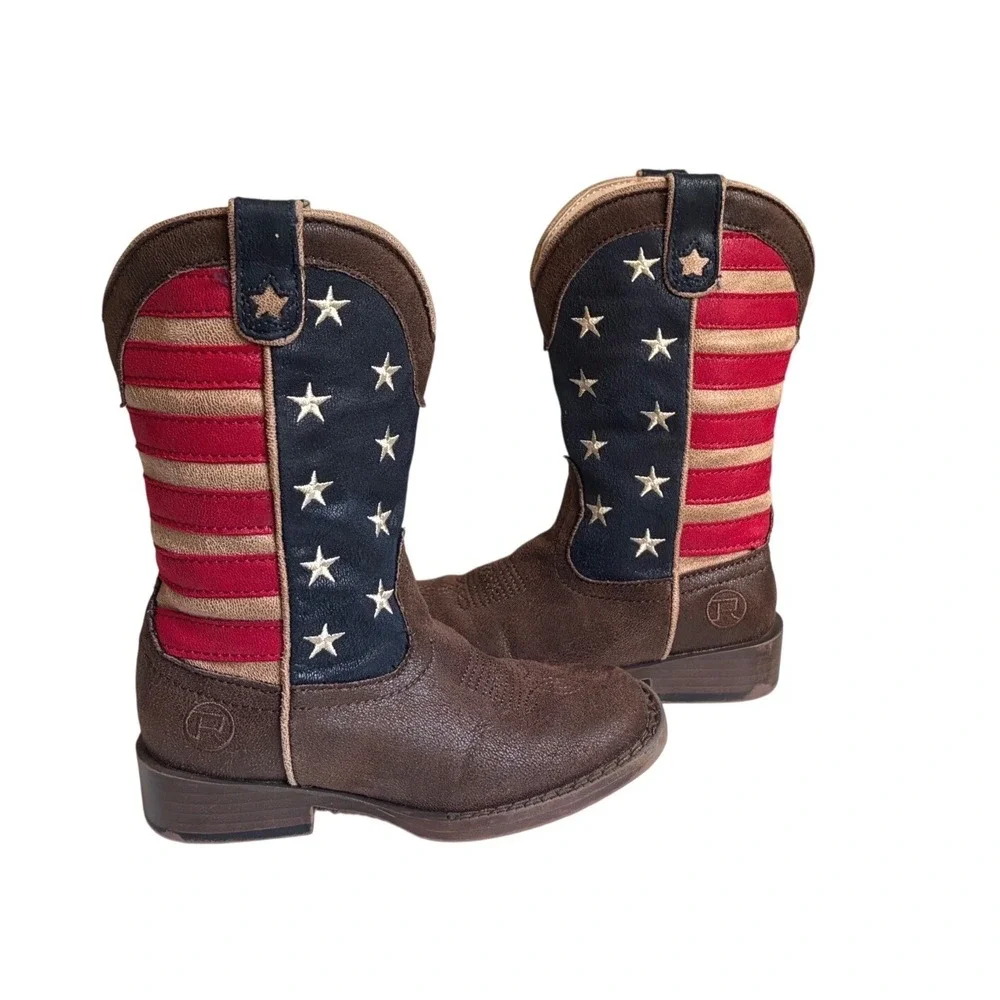 Roper Kids American Flag Cowboy Boots Brown Faux Leather Stars Stripes Size 10